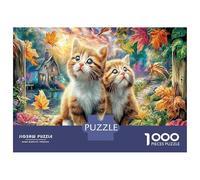 Chats and Rabbit Gardening at Sunset 1000 Pièces Amusants PuzzleJardin de Deux Chatons pour Adultes De Jeu pour Adultes Premium avec Défis Del'art DeLaDécoration 52x38cm/1000pcs