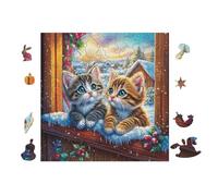 Chats at The Window with Flowers 100 Pieces Casse-tête pour Ado en Voitureton Haute Densité Épais Facile Débutant Jeu De Société Soirée Entre Amis Cadeau Fête des Pères 28x28cm