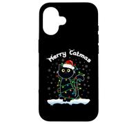 Chats avec Chapeau de Père Noël Merry Catmas Black Cat Christmas Lights Coque pour iPhone 16