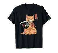 Chats d'Alexamerch T-Shirt Tatouage Japonais Samurai Ninja Cat Kawaii Noir Unisex S