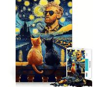 Chats de la Nuit Étoilée d'après Une œuvre de Vincent Van Gogh Puzzle de 1000 pièces pour Adultes Jeu de logique et de complicité Finition Premium Edge Cadeau de qualité 38x26cm