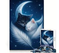 Chats Dormant sur la Lune avec Une Plume Puzzle de 1000 pièces pour Adultes Exercice Mental,évasion et Pleine Conscience Surprise de Noël Snug Lock (50x75cm)