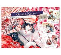 Chats Geisha - Avec fleurs, ombrelle et bambou dans le style japonais, Version française (Calendrier mural 2026 DIN A4 portrait), Calendrier CALVENDO mensuel