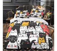 Chats mignons Housse de Couette 3D Imprimée Microfibre Hypoallergique Super Douce Dessin d'animal de dessin animé_1 Parure de Lit Fermeture Éclair Douce Confortable for Filles Ado Single（135x200cm）