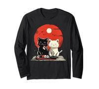 Chats mignons mangeant des sushis avec soleil japonais Manche Longue