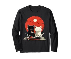 Chats mignons mangeant des sushis avec soleil japonais Manche Longue
