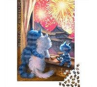 Chats regardant des Feux d'artifice Puzzle 1000 Pièces Adulte Jeu De Puzzle Classique Cadeau Femme Homme Défi Stimulant Adultes 38x26cm/1000pcs