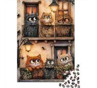 Chats sur Balcon Illustration Puzzle pour Adultes Puzzle 1000 Pièces Bâtiment Vintage Relaxation en Famille Décoration Maison 70x50cm/1000pcs