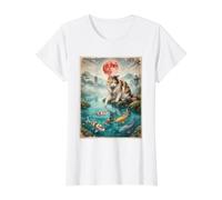Chatte calicot Japonaise touchant Un étang à Poissons koï coloré et Lune Rouge T-Shirt Graphique avec Valeur