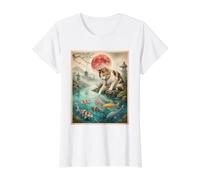 Chatte calicot Japonaise touchant Un étang à Poissons koï coloré et Lune Rouge T-Shirt Graphique avec Valeur