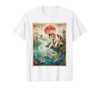 Chatte calicot Japonaise touchant Un étang à Poissons koï coloré et Lune Rouge T-Shirt Graphique avec Valeur, Homme, Blanc, L