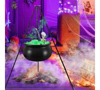 Chaudron de sorcière d'Halloween avec trépied, grand chaudron de sorcière de 78 cm avec boules oculaires et lumières Hocus, squelette de sorcières P
