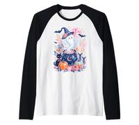 Chaudron de sorcière fantôme Mignon Chat Noir Floral Halloween Art Manche Raglan
