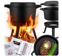 Berdsen Marmite en fonte de 8 l - Pour feu de camp et barbecue - Couvercle 2 en 1 utilisable comme poêle - Avec 3 pieds et anse de suspension - Avec livre de recettes - Noir