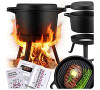 Berdsen Marmite en fonte de 8 l - Pour feu de camp et barbecue - Couvercle 2 en 1 utilisable comme poêle - Avec 3 pieds et anse de suspension - Avec livre de recettes - Noir