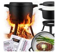 Chaudron en fonte émaillé - BERDSEN - 8 l - Couvercle double face - Poêle grill incluse - Émaillé à l'intérieur