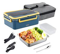 Chauffé Boîte à Déjeuner, Boîte à Lunch électrique 1,8L 60W 3 en 1 Thermos Portable Récipient Chauffant Nourriture Voiture Maison Fourchette Acier Inoxydable 304 Cuillère Sac sous Vide 220V/12/24V