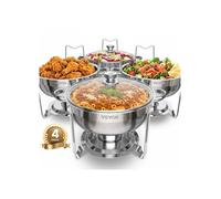 Chauffe-Plat 4PCs 4,7 L, Buffet Chauffant Rond, Réchaud en Acier Inoxydable, avec 4 Bacs Pleine Grandeur et Couvercle en Verre