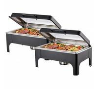 Chauffe-Plat Rectangulaire 1/2/4 PCS 9 L, Buffet Chauffant avec Couvercle en Verre Trempé, Réchaud en Acier Inoxydable, pour Buffet Libre-Service Hôtel Traiteur Restauration Banquets,Noir,2 Pack