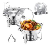 Chauffe-Plat-Vevor-2pcs 4,7 L-Buffet Chauffant Rond-Réchaud En Acier Inoxydable-Avec Couvercle En Verre