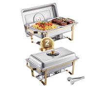 VEVOR Chauffe-plat rectangulaire 2 pièces 4 L – 4 bacs demi-taille, inox, couvercle verre, doré