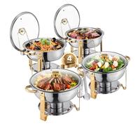VEVOR Chauffe-plat buffet rond 4×4,6 L inox – 4 bacs pleine grandeur, couvercle verre, doré