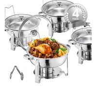 VEVOR Chauffe-Plat 4PCs 4,7 L, Buffet Chauffant Rond, Réchaud en Acier Inoxydable, avec 4 Bacs Pleine Grandeur et Couvercle en Verre, pour Buffet Libre-Service Hôtel Traiteur Restauration, Argenté