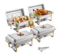 Chauffe-Plat-VEVOR-4PCs-7,5 L-Buffet Chauffant Rectangulaire-Réchaud en Acier Inoxydable-avec Couvercle en Verre-Doré