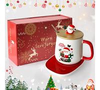 Chauffe-Tasse Rouge, Ensemble de Chauffe-Tasse de Noël : Tasse à café en céramique avec Plaque chauffante et Couvercle et boîte Cadeau et cuillère en métal doré, arrêt Automatique, Interrupteur à clé