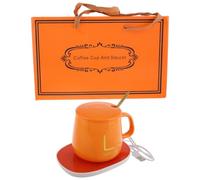 Chauffe-Tasses Électrique avec Mug en Céramique, Couvercle et Cuillère | Chauffage Automatique 5 V, Teinte Orange, Ensemble Présent Pratique pour Bureau, Étudiants, Télétravail, Voyage et Chocolat