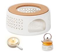 Chauffe-Thé en Céramique: Réchaud pour Théière avec Porte-Bougie et Tapis de Poêle, Base Design Creux Sculpté Chauffe-Théières pour Conservation de Chaleur du Thé et du Café (Blanc)