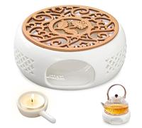 Chauffe-Thé en Céramique: Réchaud pour Théière avec Porte-Bougie et Tapis de Poêle, Chauffe-Théières Universel Base Design Creux Sculpté pour Conservation de Chaleur du Thé (Blanc)