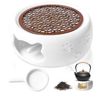 Chauffe Théière en Céramique, Réchaud pour Théière, Chauffe Thé en Porcelaine, Réchaud en Porcelaine, Design Creusé Sculpté avec Tapis De Poêle pour Conservation De La Chaleur Café Thé (Blanc, Chat)