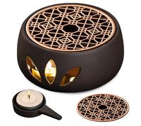 Chauffe-Théière Porcelaine, Réchaud pour Théière, Chauffe Théière, Chauffe-Café, Chauffe-Théière avec Bougeoir, Design Creux Sculpté, pour Conservation De La Chaleur Café Thé Ou Lait (Noir)