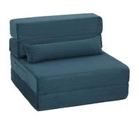 HOMCOM Canapé-Lit Pliant 3 en 1 Chauffeuse 1 Place Convertible Bleu | en Velours Côtelé, Matelas Pliable, Coussin Épais, Poches Latérales, Dossier, Oreiller, Entièrement Compressé, Salon, Chambre