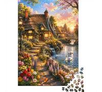 Chaumière Jardin Rivière 1000pcs Mini Puzzle pour Famille Difficile | 70x50cm Carton Décor Salon Structure Durable Cadeau Anniversaire Soulagement Anxiété