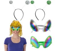 ChAusa 2 Paires de D'extraterrestre Serre-Tête et de Lunettes, Bandeau Alien Vert et Argent, Alien Lunettes avec Lentilles Arc-en-Ciel avec Serre-Tête D'Antenne pour Accessoires de Carnaval