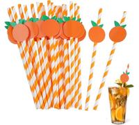ChAusa 50 Pièces Pailles Papier,Pailles en Papier Kraft, Pailles Biodégradables,Pailles Rayées Orange et Blanches,Paille en Carton pour les Anniversaires,Mariages,Noël (Couleur Orange)