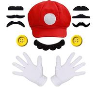 ChAusa Costume de Héros d'enfance pour Adulte,Casquette avec Barbe et Gants Boutons pour Enfant Adulte,Halloween Costume Accessoires de Cosplay Carnaval pour Homme Femme Enfant Mardi Gras(Rouge)