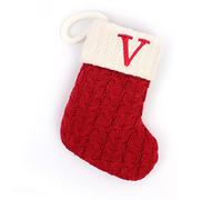 Chaussette de Noël avec 26 lettres, initiales brodées mini chaussettes de Noël mignonnes cordon en coton avec poignets blancs en peluche super douce, décorations de Noël, 14 x 18 cm (V)