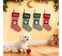 Chaussette de Noël Personnalisée, Modèle Tricoté à Rayures, 1 Chaussette | Avec Nom Brodé, Rayures Rouges et Vertes, Grand Décor de Noël 35 cm pour Famille et Animaux