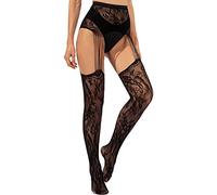 Chaussette Femme Chaude - Collants Femmes Noirs Élégants avec Ceinture Ensemble Haut Résille Dentelle Longue Maille Imprimé Fleuri Lingerie