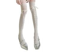 Chaussettes au-dessus du genou pour femme Chaussettes antidérapantes tendance en résille Bas de ballet à lanières Cuissardes Collants à lacets, Lait blanc, Taille unique