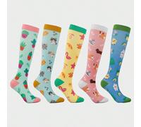 Chaussettes de compression athlétiques imprimées avec des animaux mignons (chat, crabe, poussin) unisexes pour la course, le cyclisme, la randonnée 5 paires vert+jaune+bleu+rose+bleu clair S/M,5 paire