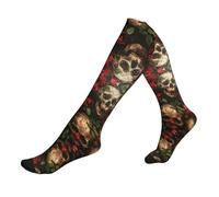 Chaussettes de compression imprimées tête de mort et rose rouge pour homme et femme 15-20 mmhg Chaussettes de soutien de course à pied, pour athlétisme, randonnée, vol