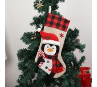 Chaussettes de Noël à carreaux à suspendre de 48,3 cm, avec personnages en peluche 3D, bonhomme de neige, Père Noël, cerf, décoration de vacances pour enfants (pingouin)