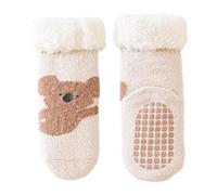 Chaussettes de sol pour tout-petits avec poignées pour bébé - Neutre avant la marche - Motif dessin animé - Hiver - Polaire épaisse - Chaussettes de sol pour bébé - Pour l'hiver et l'intérieur, kaki