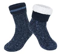 Chaussettes d'hiver chaudes et moelleuses pour homme avec doublure en polaire - Douces et confortables - Chaussettes de Noël en sherpa avec semelles antidérapantes sur le bas - Bleu marine chiné - M
