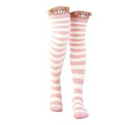 Chaussettes d'hiver épaisses et chaudes en tricot thermique avec talon et orteils renforcés sur le thème des animaux mignons motifs rayés au-dessus du genou, rose, Taille unique