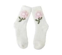 Chaussettes d'hiver épaisses pour femme - Ne perd pas ses poils - Avec petites fleurs - Chaudes mi-mollet - En velours corail - Pour l'intérieur et l'extérieur - Chaussures assorties, beige, Taille